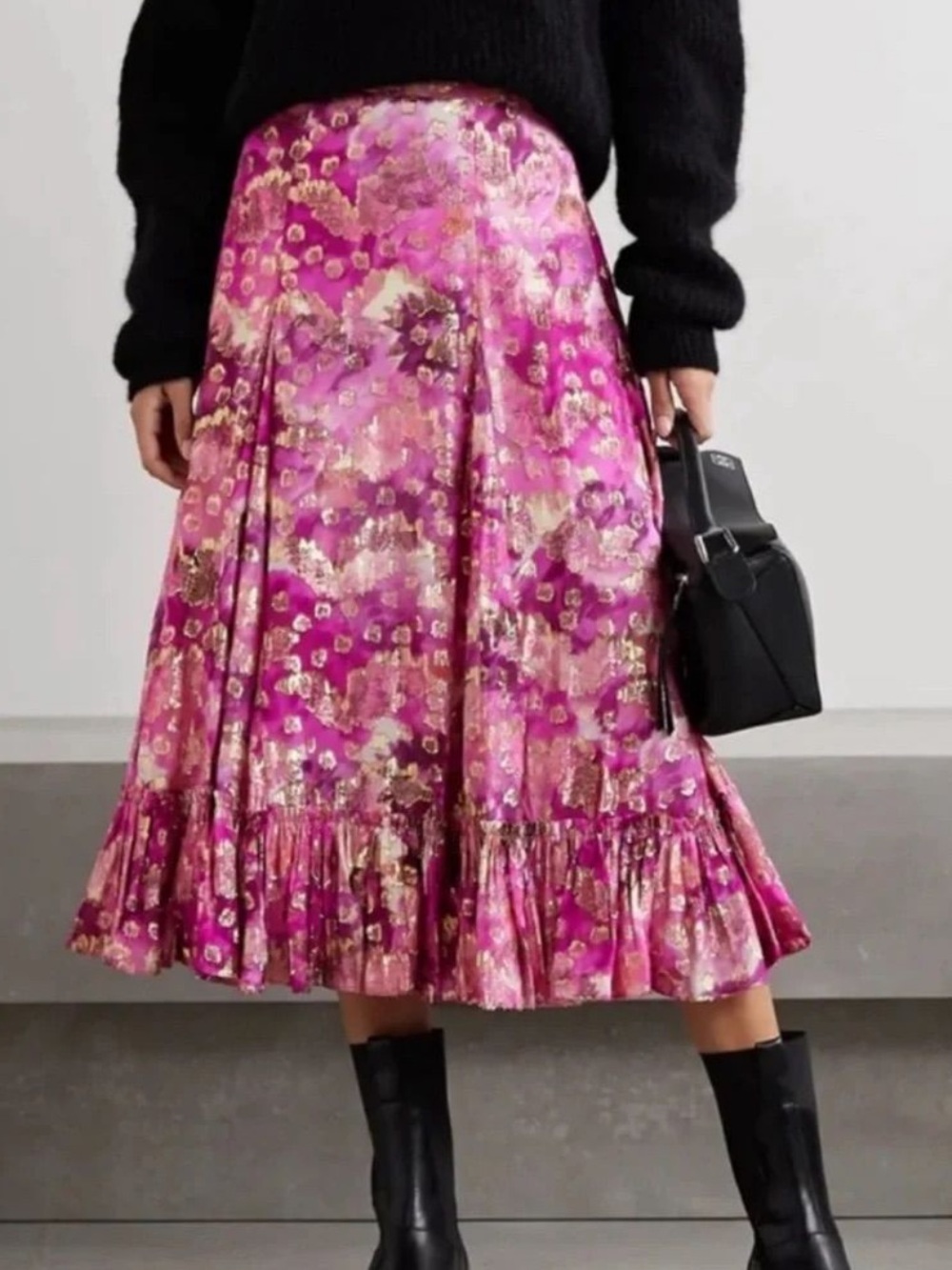 LoveShackFancy Metallic Pink Floral Ruffled Midi Skirt